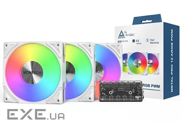 Корпусний вентилятор 120MM METAL PRO 12 ARGB 3 PACK (W) MONTECH (METALPRO12 ARGB 3PACK (W))