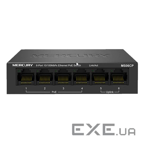 Комутатор POE Mercury MS06CP з 4 портами POE+ 2 порти UP-Link 100Мбіт, БП у комплекті , Q20