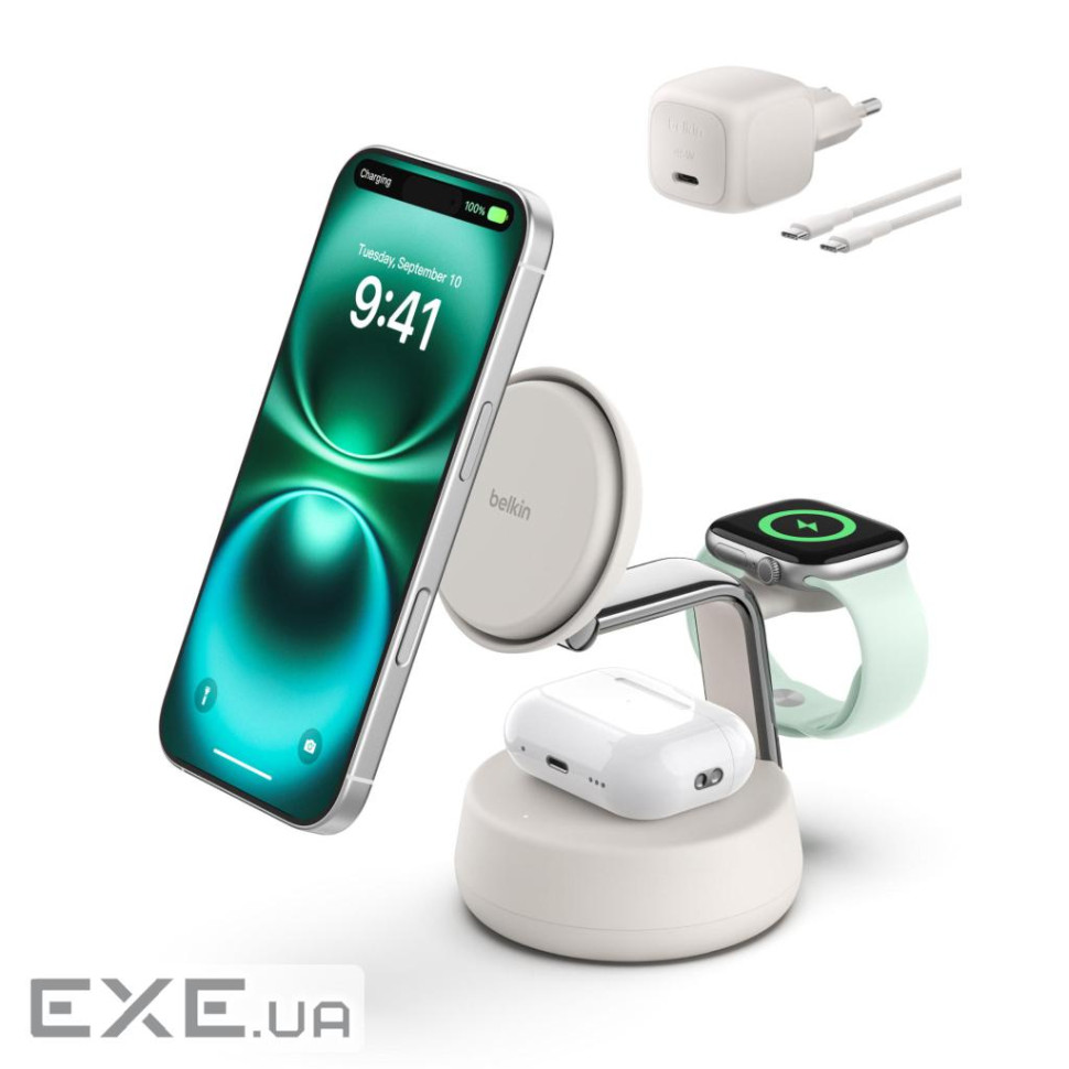 Зарядний пристрій Belkin UltraCharge Pro Wireless 3-in-1 25W sand (WIZ040KQSD)