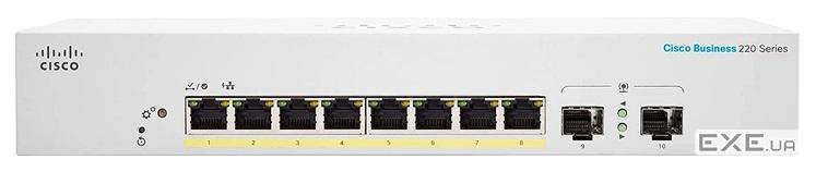 8x 10/100/1000 ports (65W PoE budget) + 2x GE SFP Smart Switch (CBS220-8P-E-2G-EU)