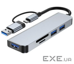 Хаб USB Fenvi F-TUH5, Grey, Type-C / USB 3.0 - 1xUSB 3.0 / 2xUSB 2.0 / microSD / SD, кабель 12 см, а