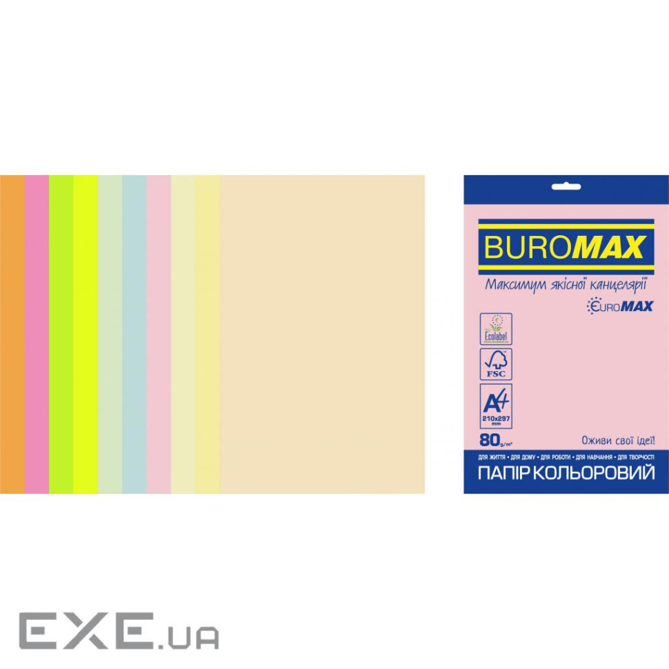 Папір Buromax А4, 80g, PASTEL+NEON, 10colors, 50sh, EUROMAX (BM.2721750E-99)