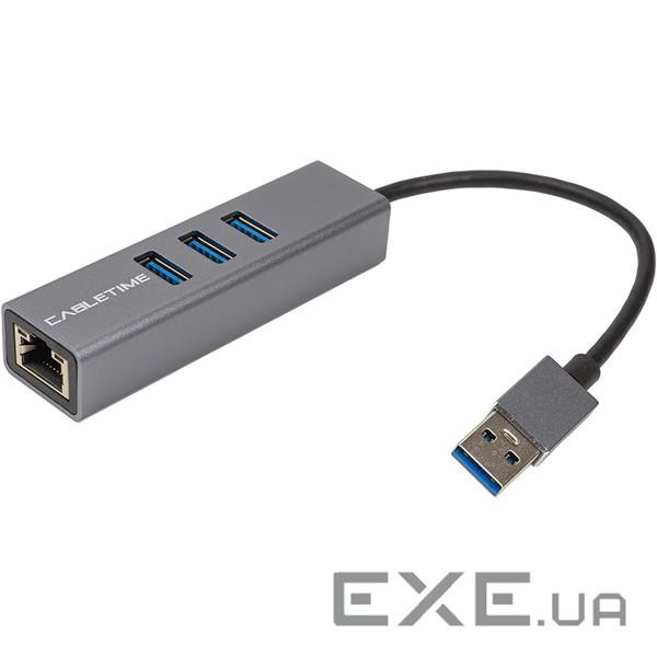 Мережевий адаптер з USB-хабом CABLETIME USB-A - 3xUSB3.0, RJ-45 (CA913374)