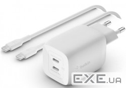 Зарядний пристрій Belkin 2xUSB-C PD65W GaN PPS + cable USB-C to USB-C 2.0m White (WCH013VF2MWH-B6)
