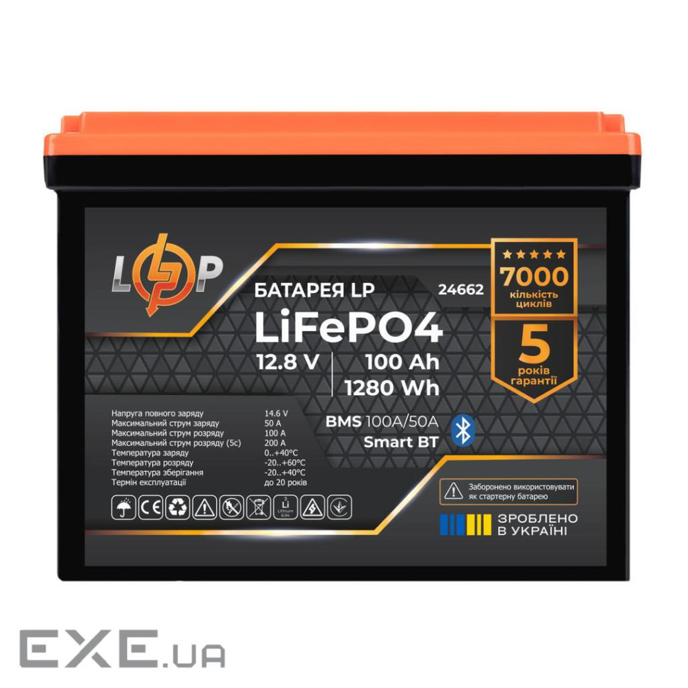 Акумулятор LP LiFePO4 12,8V - 100 Ah (1280Wh) (BMS 100A/50А) пластик Smart BT (24662)