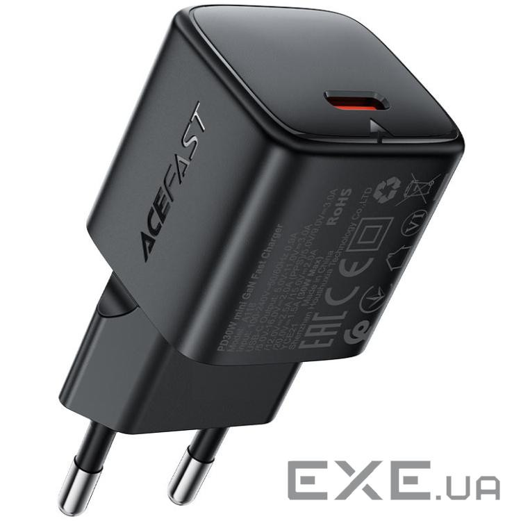 Зарядний пристрій 1xUSB-C 30W Gan A118 Fast Charger + USB-C cable black Acefast (6974316285175)