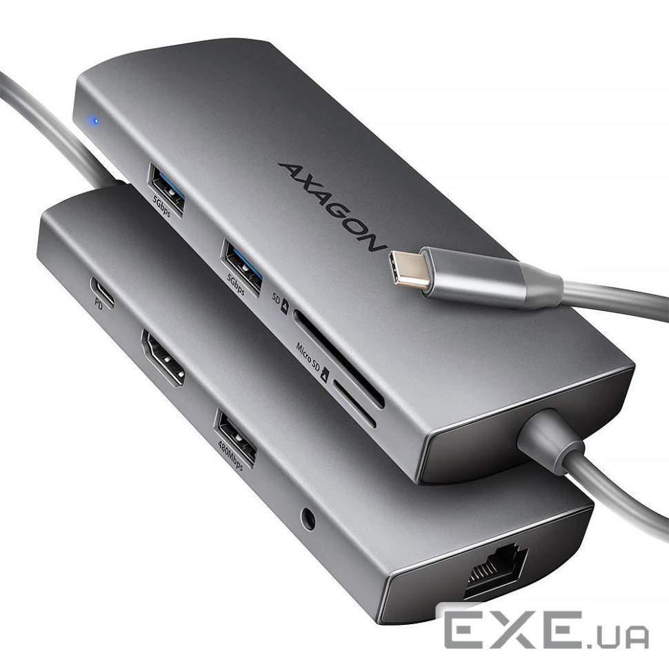 Хаб концентратор AXAGON HMC-8HLSA USB-C 5Gbps 9in1 hub, Grey