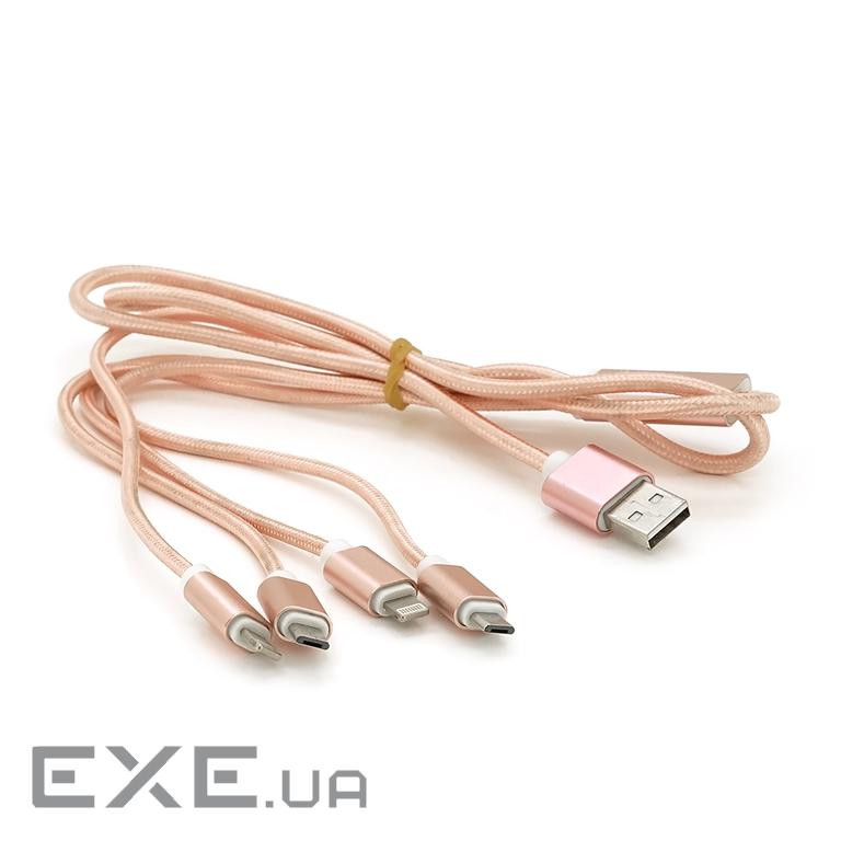 Кабель USB 2.0 DATA CABLE 2Lightning/2microUSB, 1.0м, круглий , Pink, Box (09441)