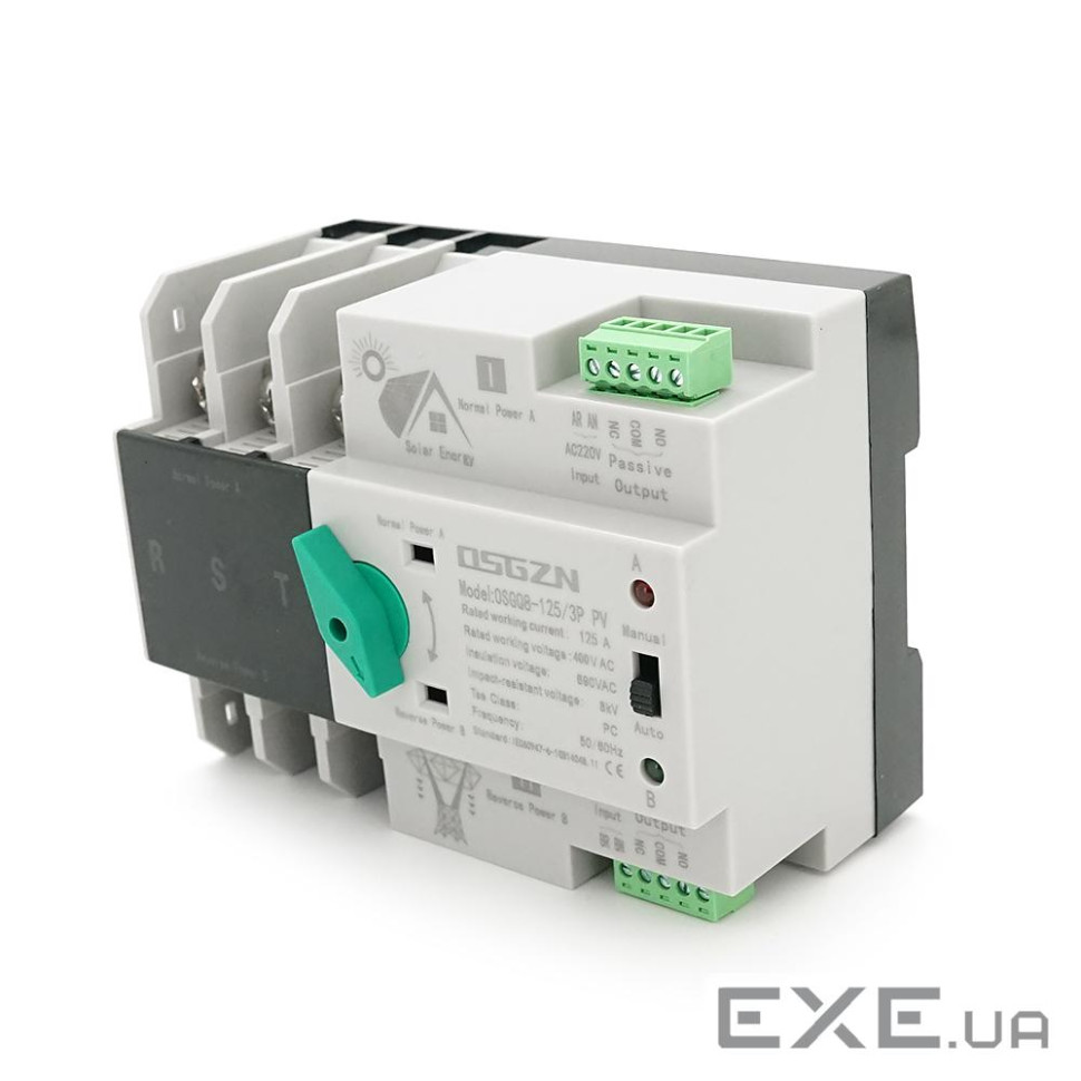 Автомат введення резерву (АВР) триполюсний OSGQ8-125 / 3P PV, 230V / 125A на DIN-рейку для сонячних