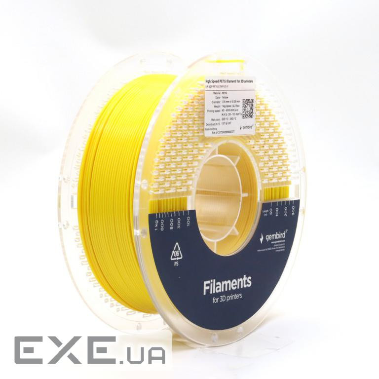 Пластик для 3D друку Gembird, PETG, Yellow, 1.75 мм, 1 кг (3DP-PETG1.75HY-01-Y)