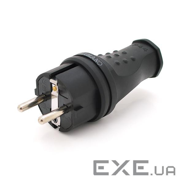 Вилка Євро із заземленням пряма, розбірна, каучук, IP44, 16А 220V, колір чорний, Q30 (000017938) , Q30 (000017938)