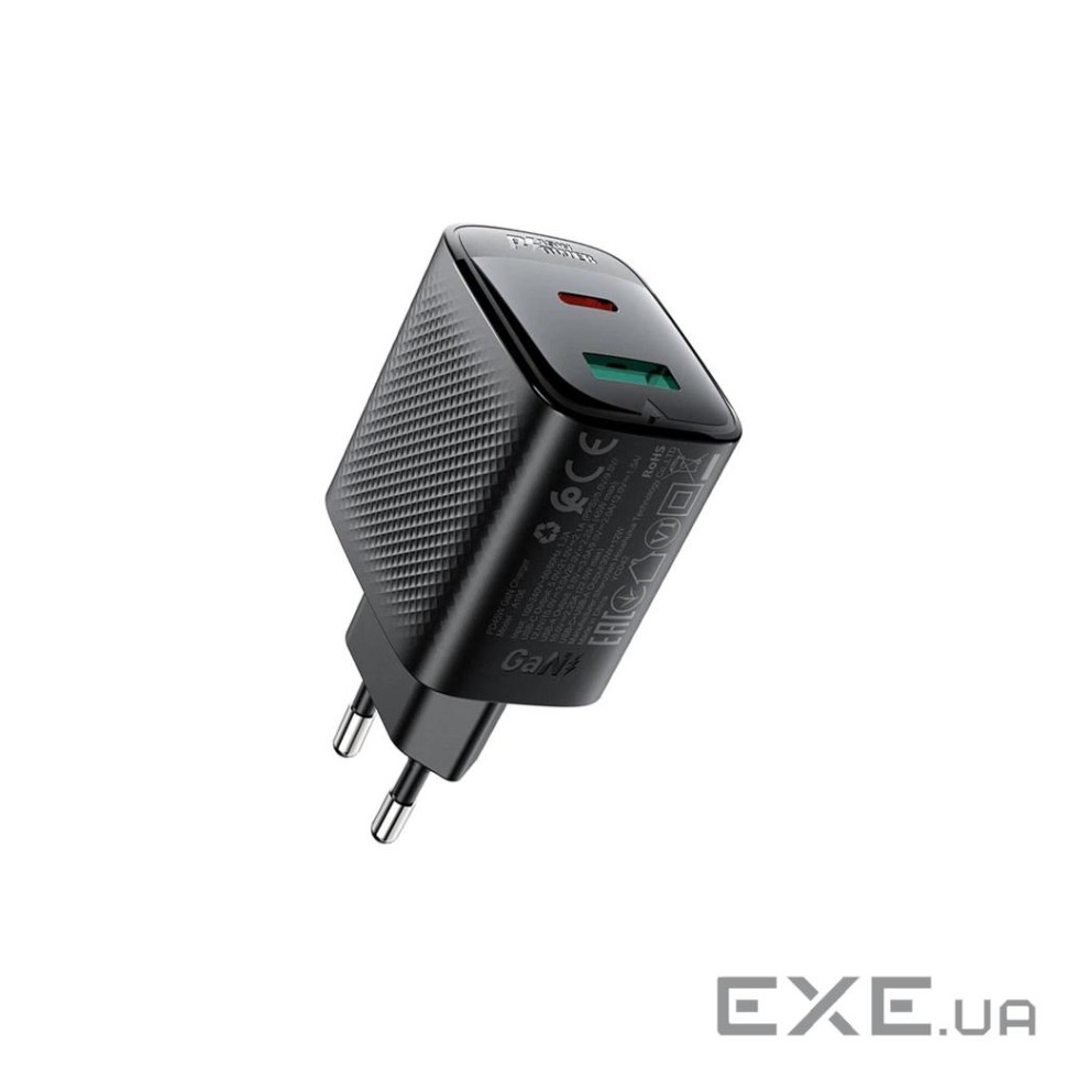 Зарядний пристрій 2xUSB 45W (USB-C+USB-A) Gan A106 Black Acefast (6974316284031)