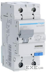 Диференціальний автоматичний вимикач Hager 1-п.+N 20A B 30mA (6kA) A (B) (ADA920D)