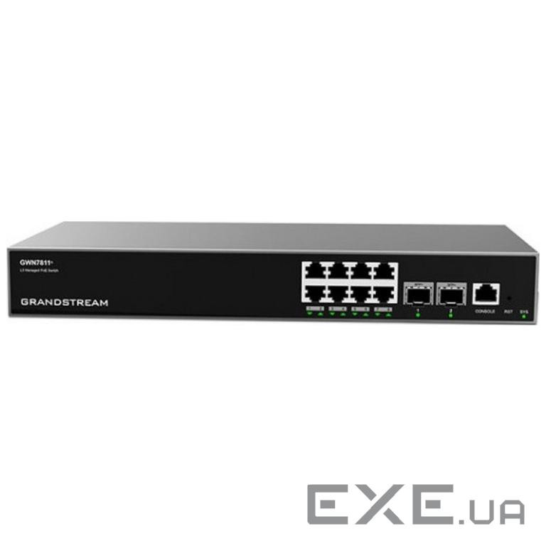 Grandstream GWN7811P, Layer 3 Managed Network Switch, 8x GbE RJ45 PoE 802.3 af/at, up to 30W per por