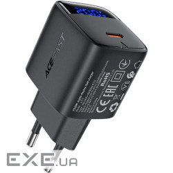 Зарядний пристрій 1xUSB-C 20W Gan A113 Fast Charger with digital display black Acefa (6974316284413)