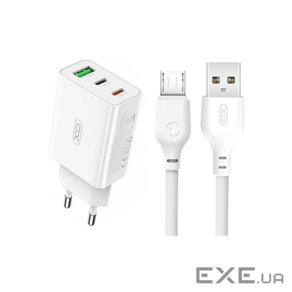Зарядний пристрій XO L101 PD + QC3.0 (1USB/2Type-C/20W) + USB - MicroUSB White (XO-L101-WH)