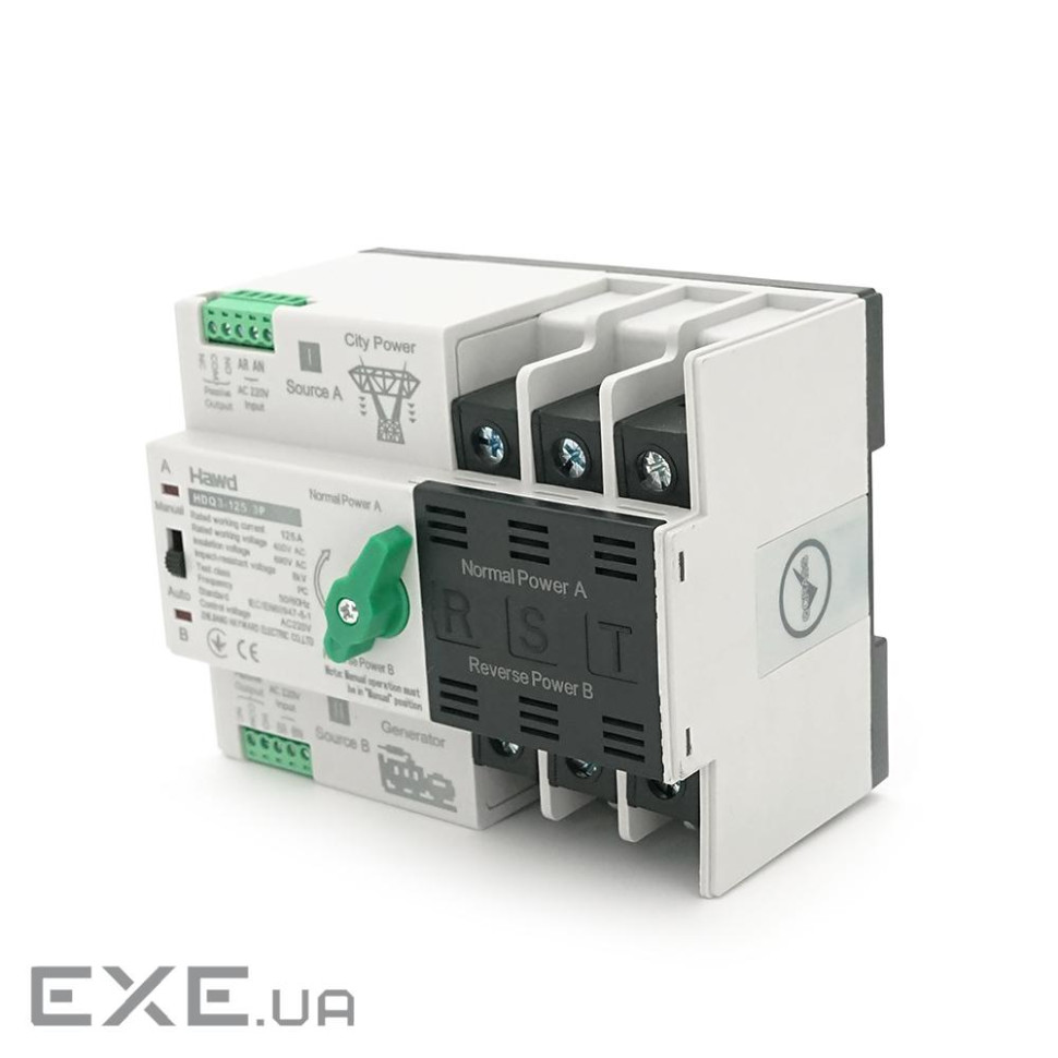 Автомат введення резерву (АВР) триполюсний HDQ3-125E / 3P, 400V / 125A на DIN-рейку для генераторів