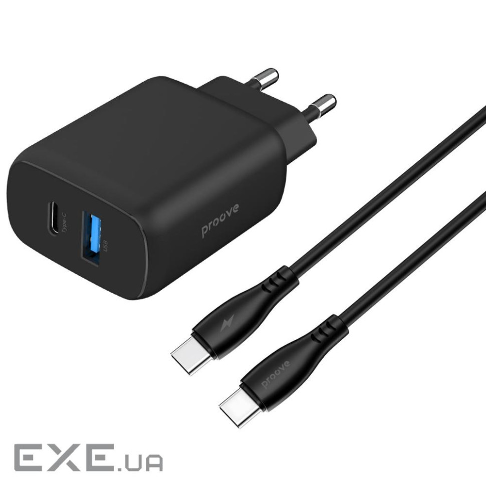 СЗУ Proove Silicone Power 2 30W (Type-C + USB) + Cable Type-C to Type-C (1m) black (WCSP23011001)