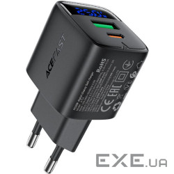 Зарядний пристрій 2xUSB 25W (USB-C+USB-A) with digital display Gan A114 Black Acefas (6974316284437)