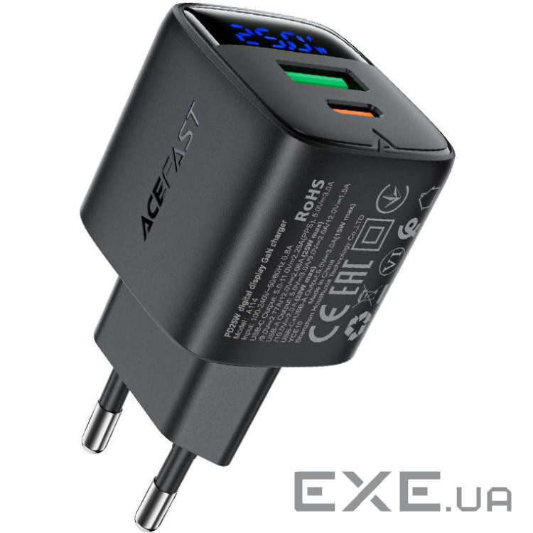 Зарядний пристрій 2xUSB 25W (USB-C+USB-A) with digital display Gan A114 Black Acefas (6974316284437)