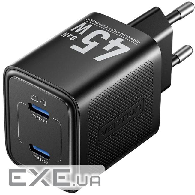 Зарядний пристрій Vention 2xUSB-C PD45W GaN black (FEFB0-EU)