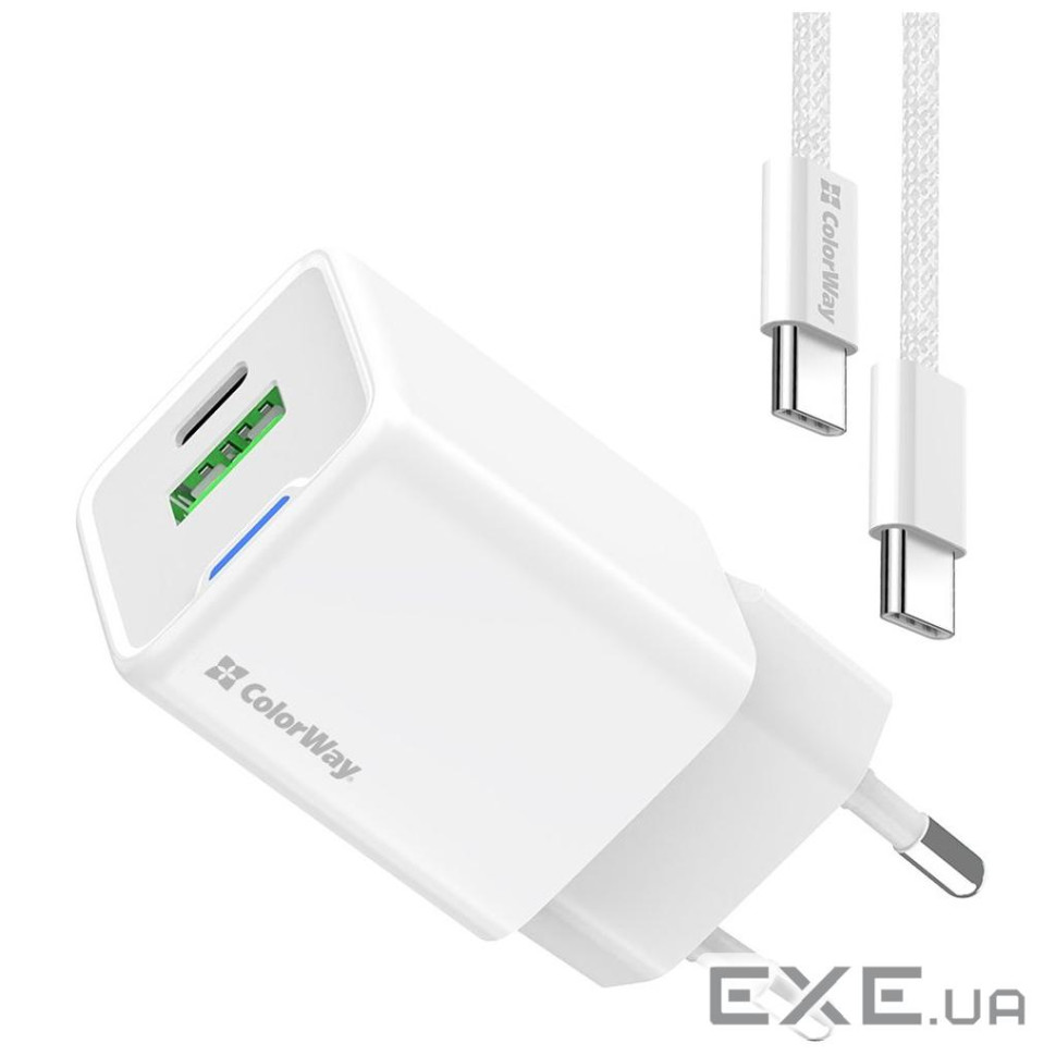 Мережевий зарядний пристрій ColorWay, White, 20 Вт, GaN, 1xType-C (20 Вт, PD3.0) / (CW-CHS062PDC-WT)