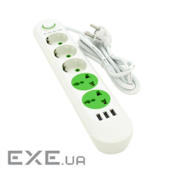 Фільтр мережевий 1.5 м, Voltronic F02U, 3 розетки EU + 2 розетки Universal + 3 USB, 1.5 м (F02U-WHITE)