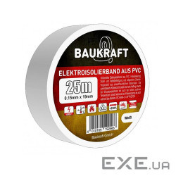 Ізоляційна стрічка ПВХ 0,15ммx19ммx25м біла, TM BAUKRAFT (166492) , TM BAUKRAFT (166492)