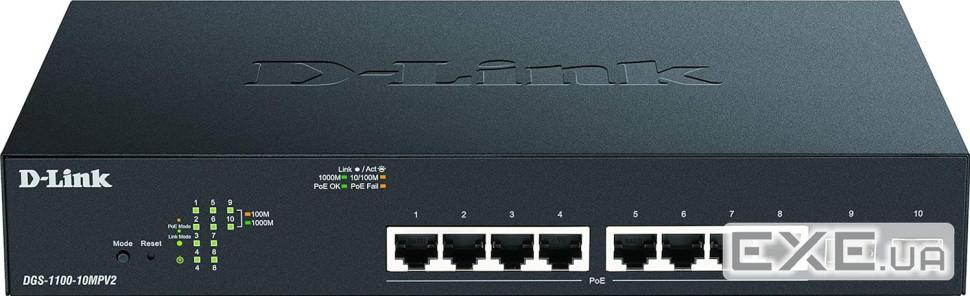 Комутатор D-Link DGS-1100-10MPV2 8xGE PoE 2xSFP, 130Вт, EasySmart (DGS-1100-10MPV2/E)