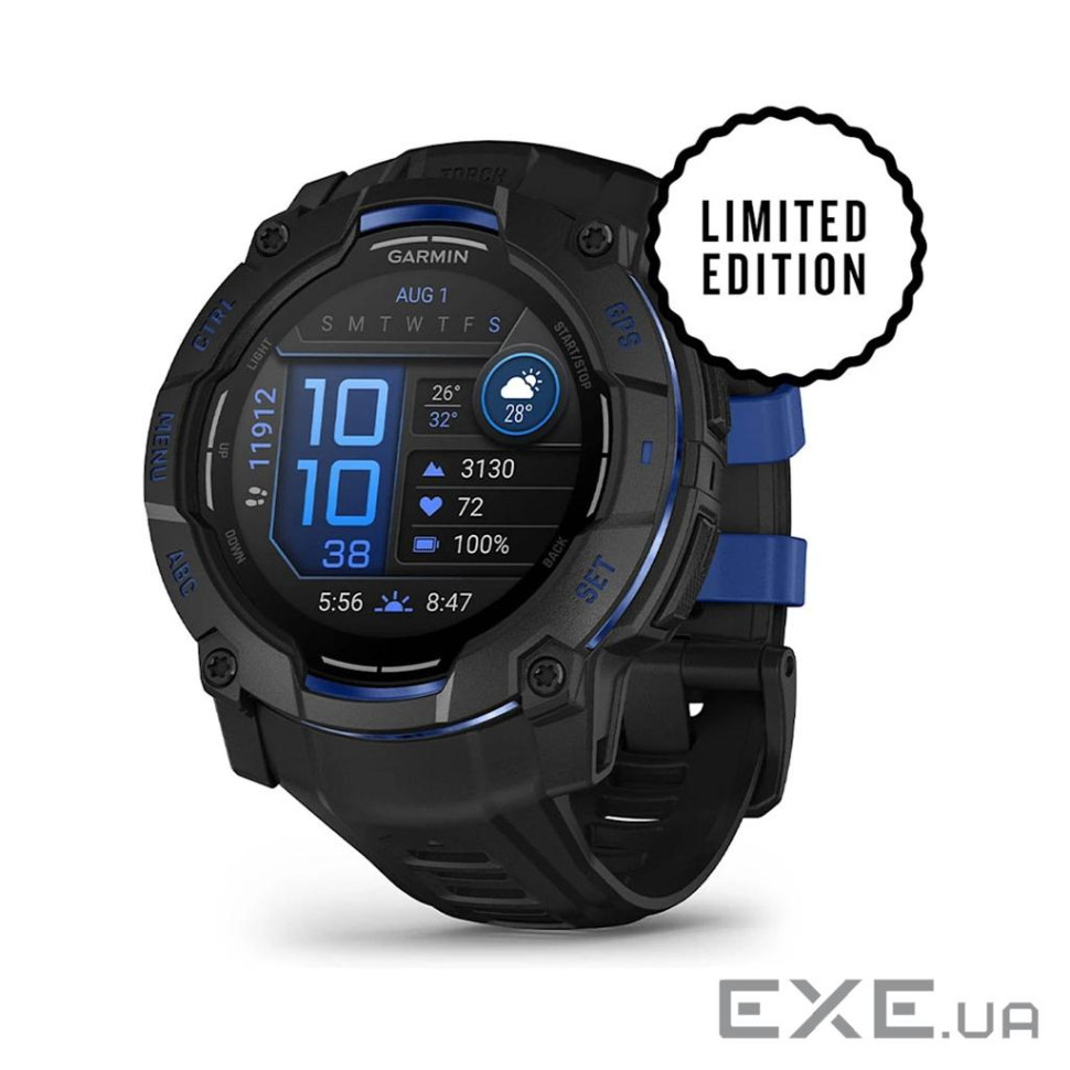 Смарт-годинник Garmin Instinct 3, 50mm, AMOLED, Black with Bolt Blue Accents, GPS сма (010-03020-03)