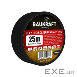 Ізоляційна стрічка ПВХ 0,15ммx19ммx25м чорна, TM BAUKRAFT (166494) , TM BAUKRAFT (166494)