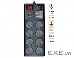 Мережевий фільтр REAL-EL RS-8F Extra USB Charge 3 м, 8 розеток, чорний (EL122300004)