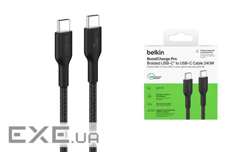 Кабель USB-C > USB-C заряджання/синхронізації Belkin 1м, 240Вт, Type-C, плетений, (CAB025HQ1MBK)