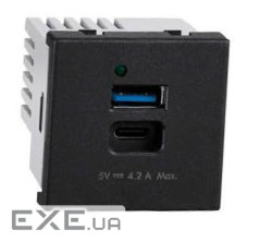 Зарядний пристрій 2хUSB тип A+C, 5V, DC 4,2A K45 45x45мм, чорний (K126G/14)
