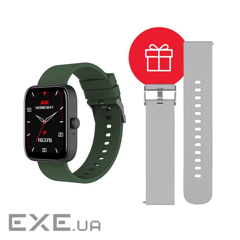 Смарт-годинник 2E Alpha SQ Music Edition 46mm Black-Green + ремінець сірий (2E-CWW40BKGN-WS)