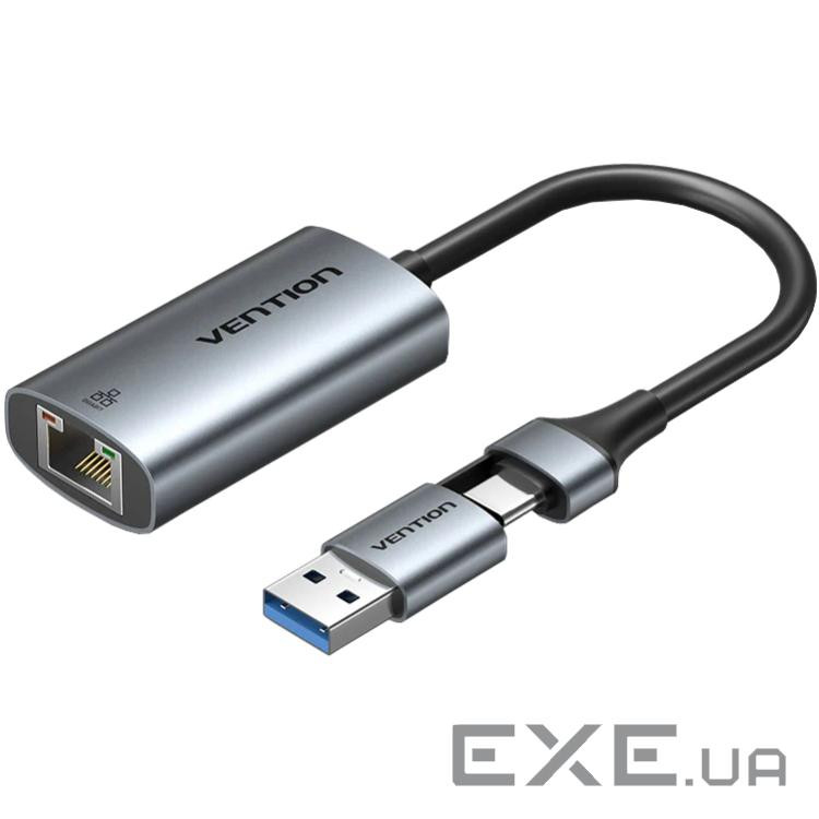 Перехідник USB-C + USB A to RJ45 Ethernet 1000Mbps 0.15m aluminum gray Vention (CFQHB)