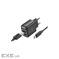 Зарядний пристрій HOCO C141A 2xUSB + cable USB to USB-C black (6942007627900)