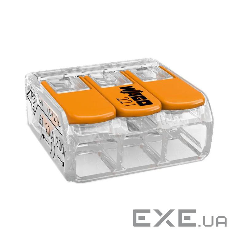 Клемний блок 3х1...4мм2, для мідних пров.однож./багатож., WAGO, прапорці-затискачі, компак (221-413) (221-413)