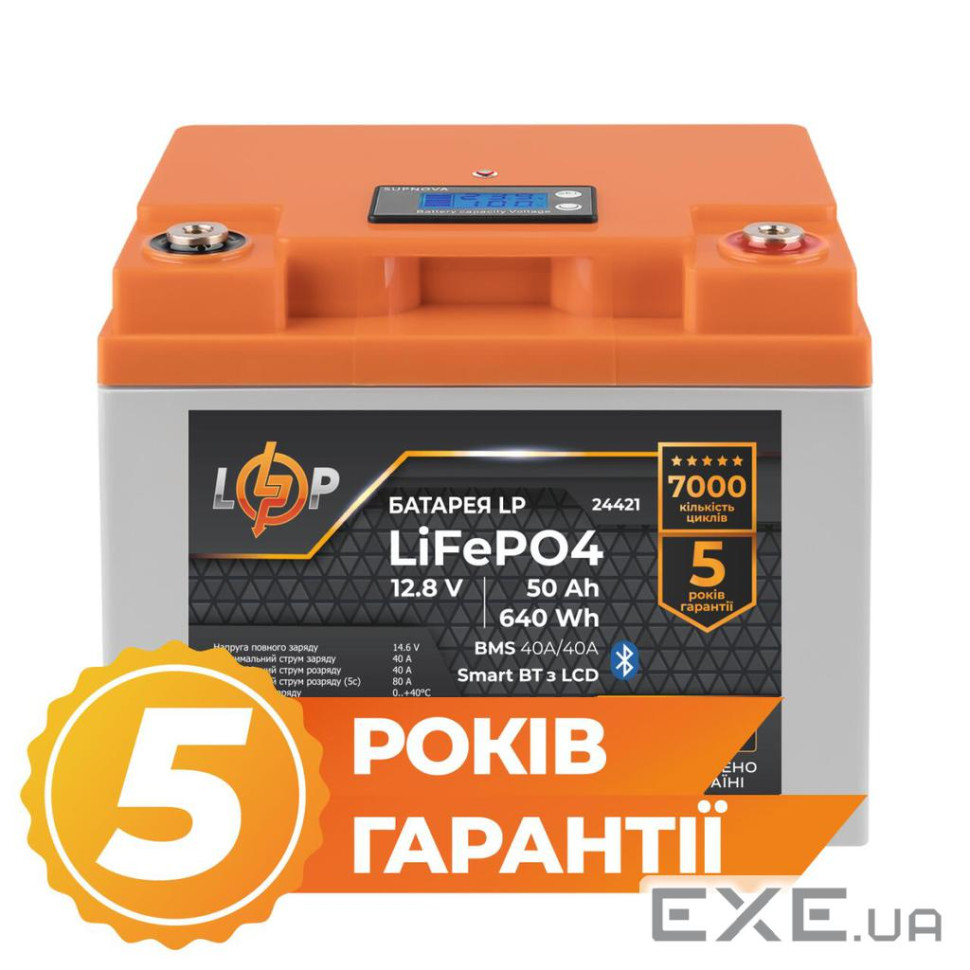 Акумулятор LP LiFePO4 12,8V - 50 Ah (640Wh) (BMS 40A/40А) пластик LCD Smart BT (24421)