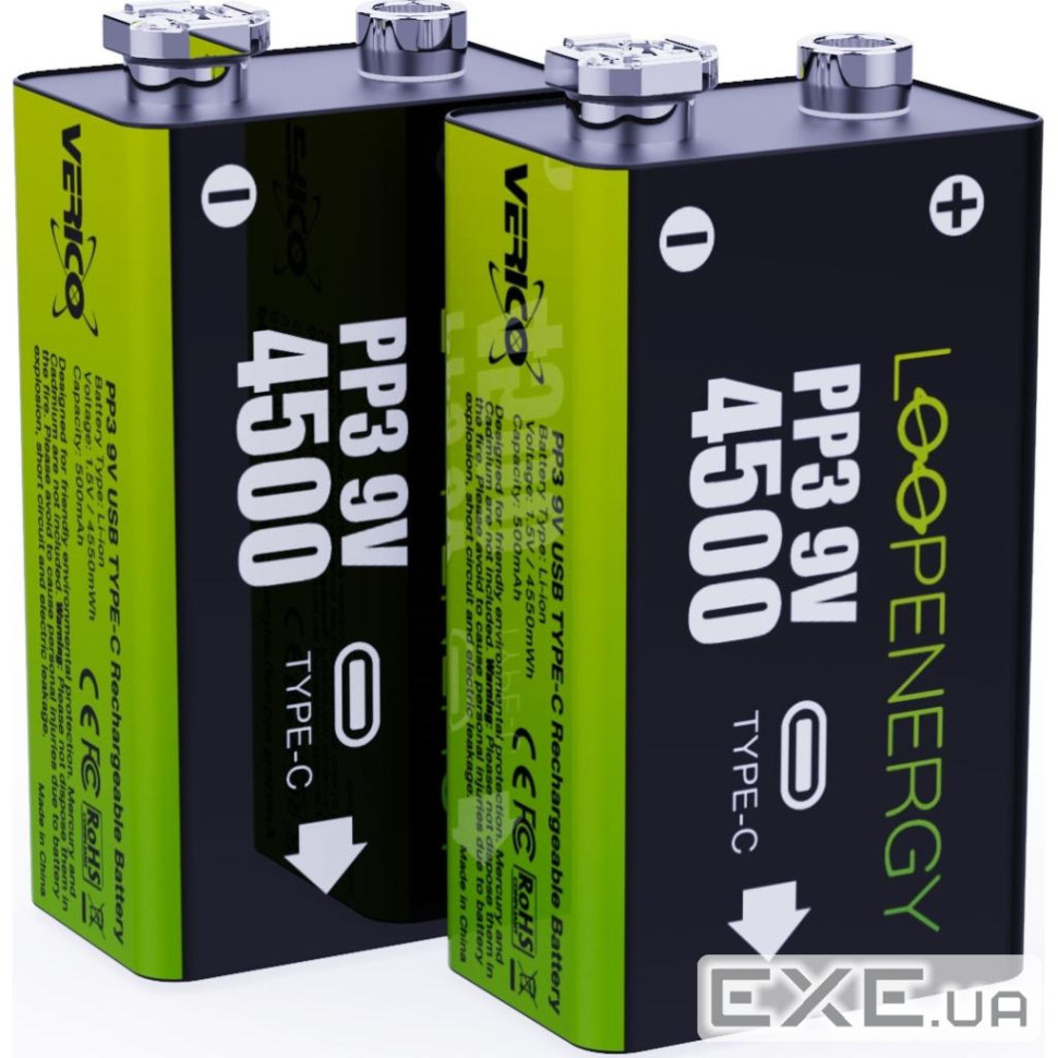 Акумулятор Крона USB-С 500 mAh 9V Li-ion 2шт./уп. (Loop Energy) Verico (1UDBT-A3WEB2-NN)