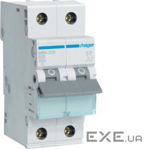 Автоматичний вимикач 2P 6kA B-20A 2M (MBN220)