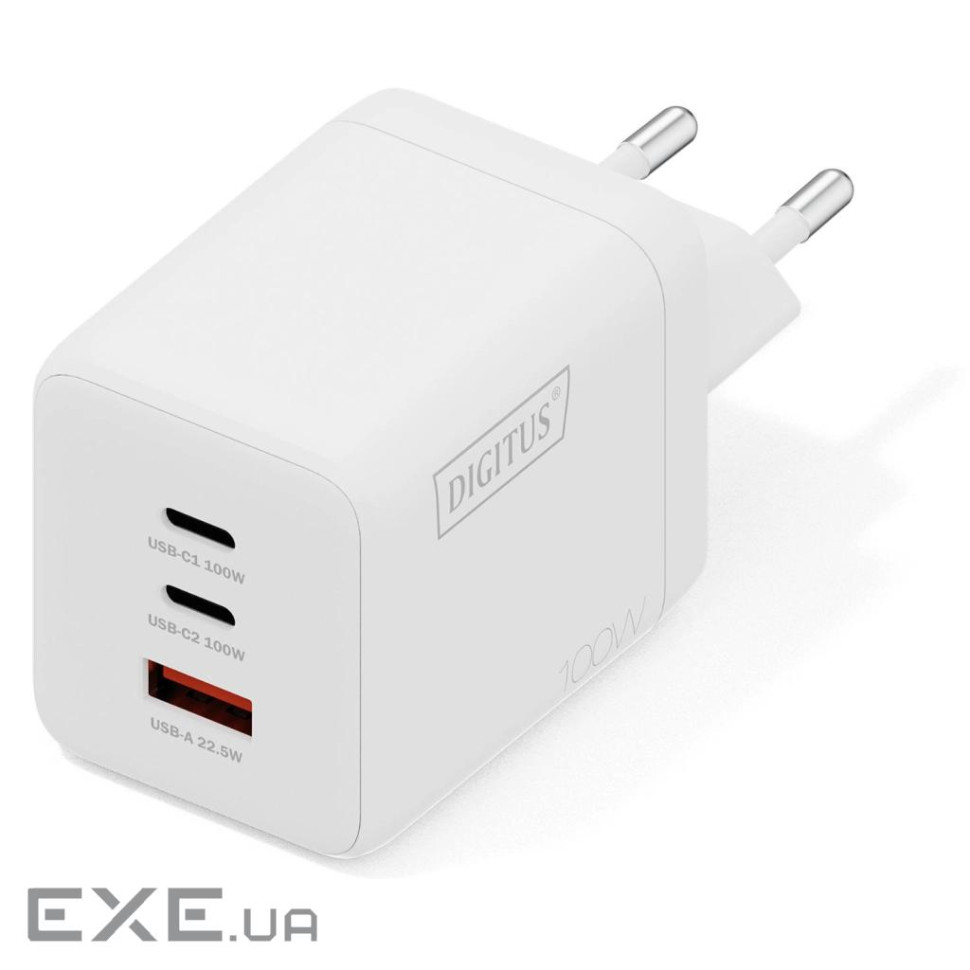 Зарядний пристрій DIGITUS GaN 2хUSB-C, 1хUSB-A, 100W (DA-10304)