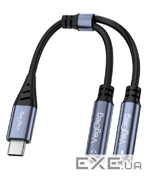 Перехідник VEGGIEG V-K204, 1 / Type-C(Male) to=> 2 / Jack 3.5mm(F)(навушники + мікрофон), Bla