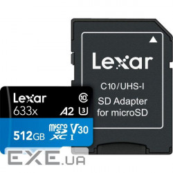 Карта пам'яті LEXAR microSDXC High Performance 633x 512GB UHS-I U3 V30 A2 Class 10 + (LSDMI512BB633A)