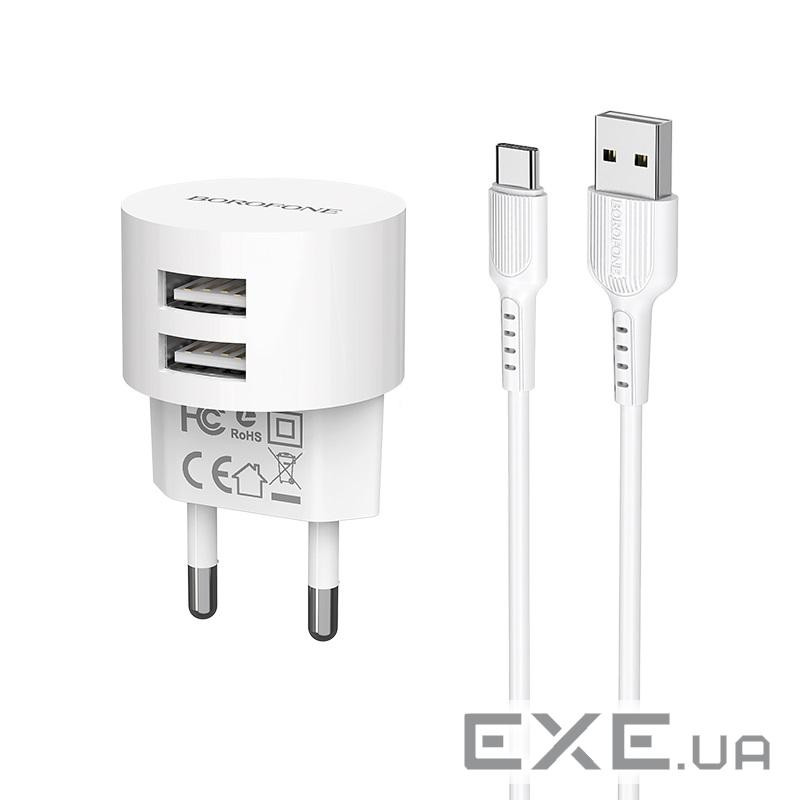 Набір BOROFONE BA23A СЗУ 2xUSB+ кабель USB / Type-C, 2.4A, 1м, White, Blister (BA23A / T-C)