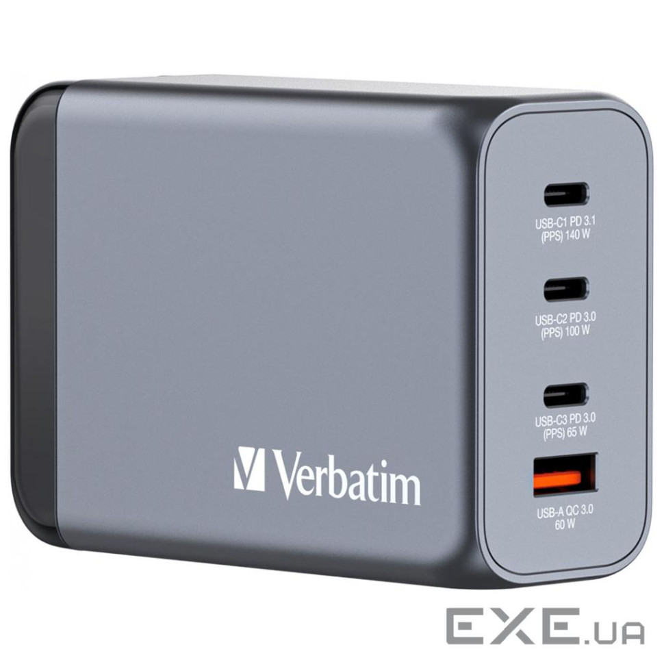 Зарядний пристрій Verbatim GaN 240 W 4 ports (USB-C-140 W,USB-C-100 W,USB-C-65 W /USB-A -3.0) (32205)