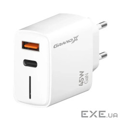 Зарядний пристрій Grand-X GaN 1xUSB-C + 1xUSB QC3.0 45W white (CH-460W)