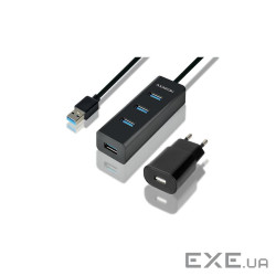 Концентратор AXAGON USB 3.1 to 4xUSB 3.0 1.2m + power adapter + cable USB to Micro 5P black (HUE-S2BP)