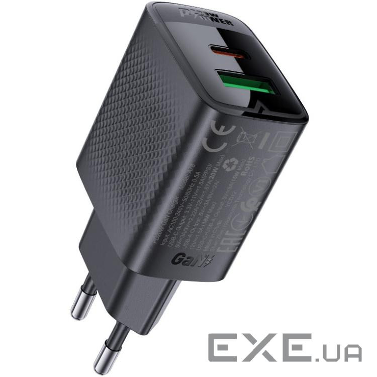 Зарядний пристрій Acefast A78 1xUSB-C PD20W + 1xUSB-A GaN Black (6974316283256)