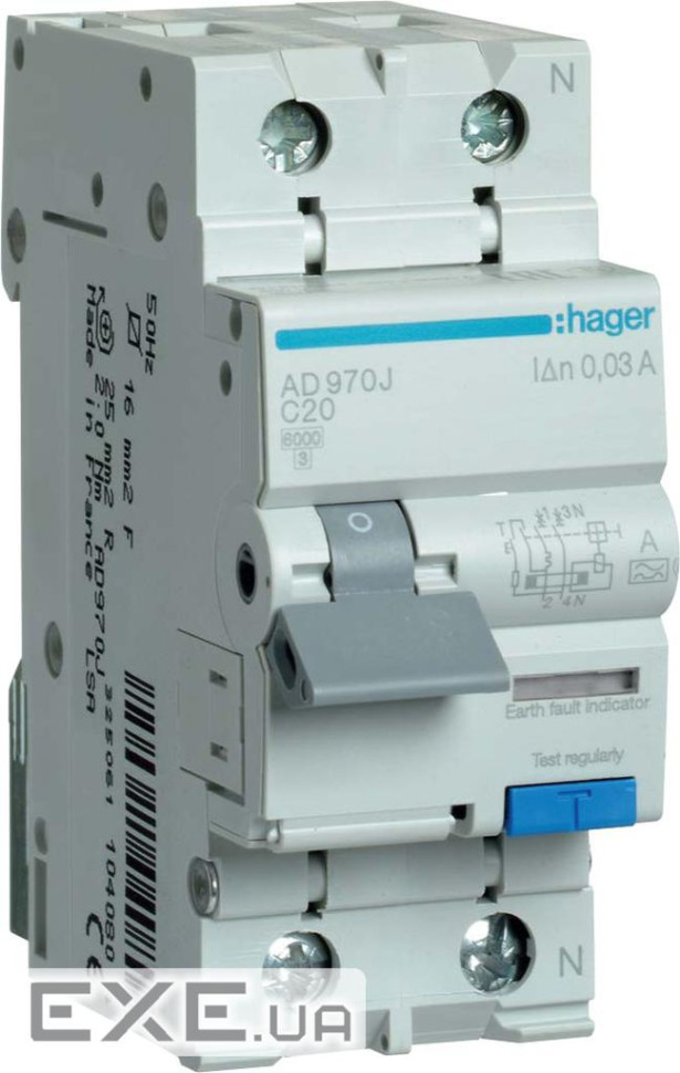 Диференціальний автоматичний вимикач Hager 1-п.+N 20A C 30mA (6kA) A (A) (ADA970D)